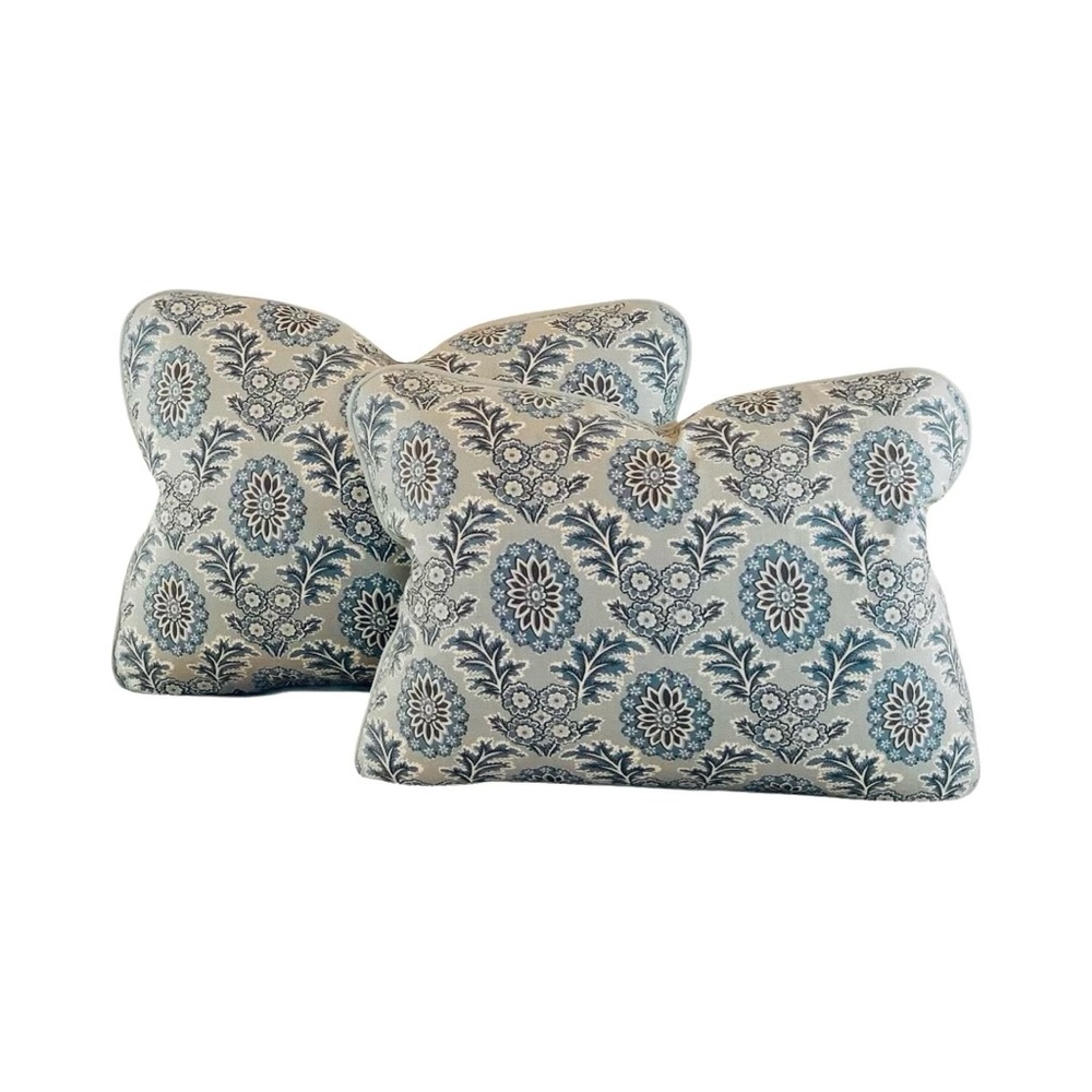 Pair French General Aqua Blue Gray Boheme Damask Floral Lumbar Pillow Covers